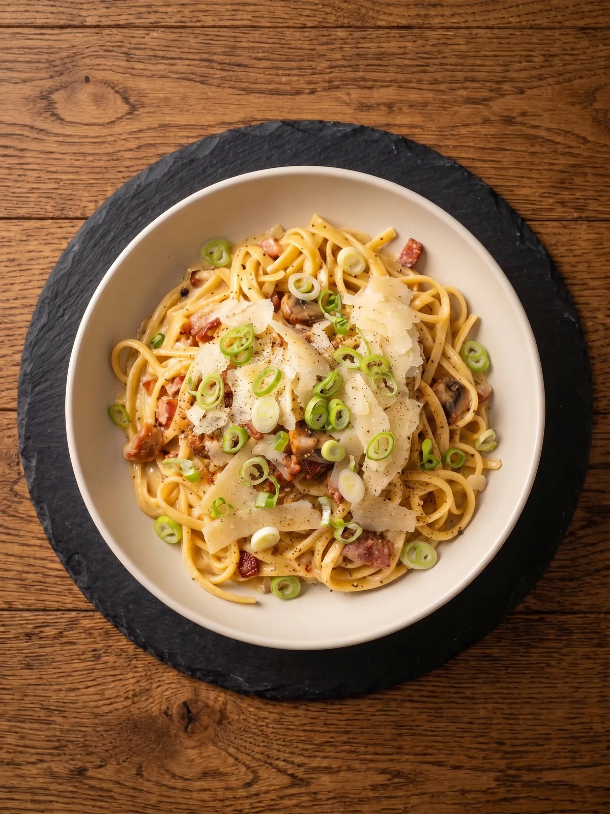 Boscaiola Pasta with Bacon & Creamy Parmesan Sauce — Al dente pasta tossed in a rich, creamy parmesan sauce with smoky bacon and sauteed mushrooms. A comforting Italian classic — add chicken for extra protein.