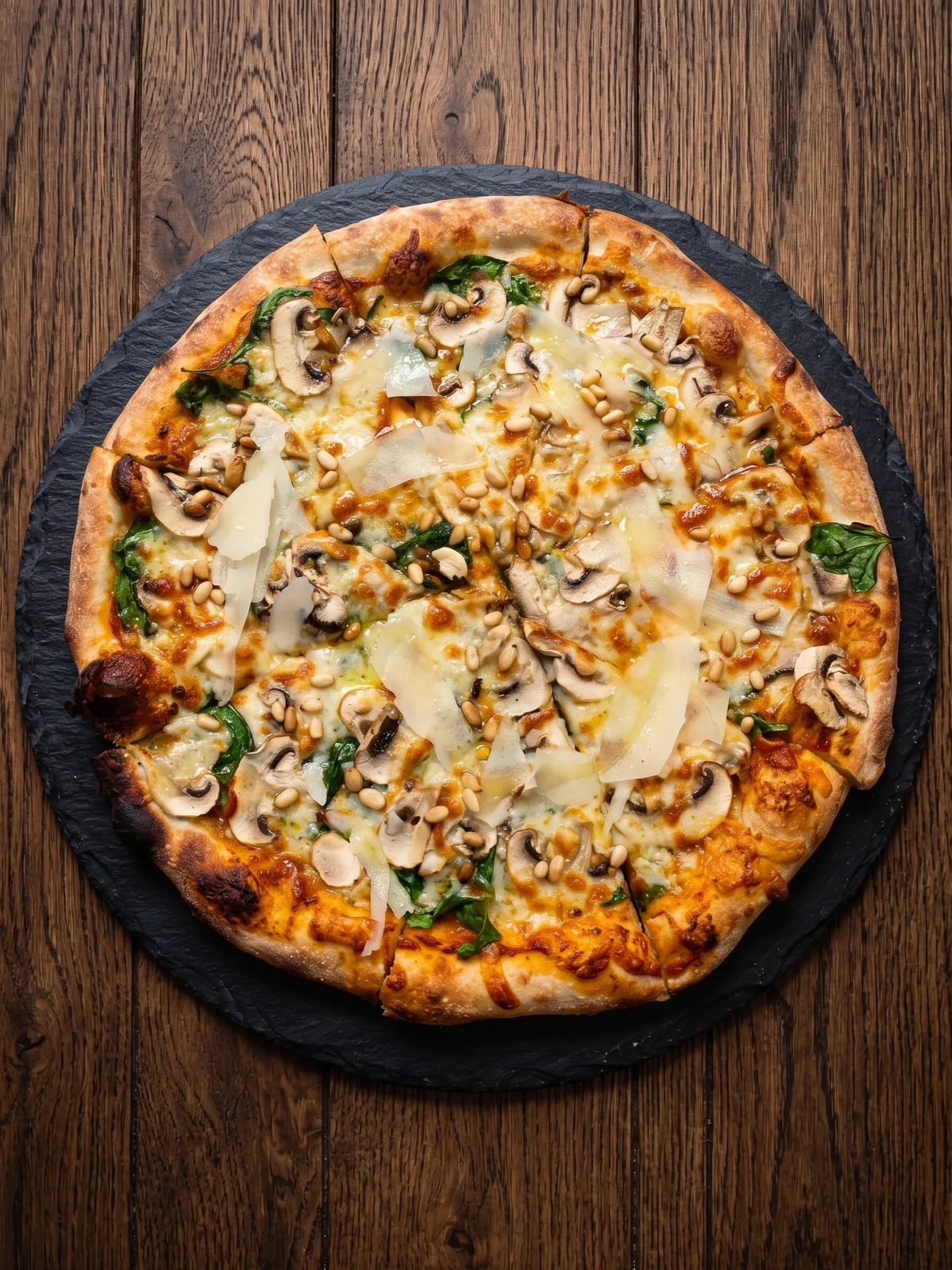 Mushroom Pizza with Pine Nuts & Parmesan — A vegetarian pizza loaded with sauteed mushroom, fresh spinach, shaved parmesan, toasted pine nuts and a drizzle of truffle oil for an earthy, gourmet finish.