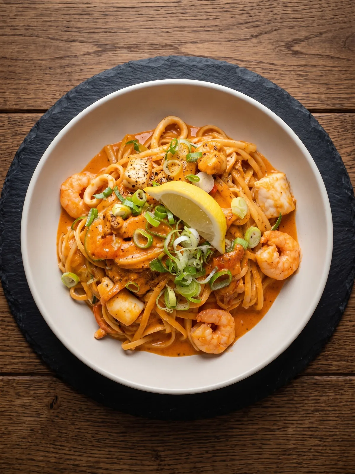 Seafood Pasta with Prawns, Squid & Market Fish — A generous seafood pasta featuring prawns, squid and fresh market fish tossed through a creamy tomato sauce. A must-try for seafood lovers.