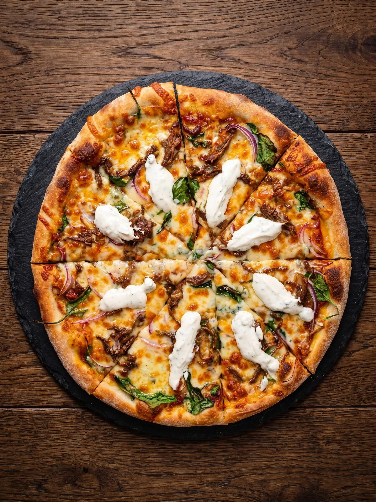 Slow Roasted Goat Pizza with Nepalese Spices — Tender slow-roasted goat meat with red onion, fragrant Nepalese spices and a dollop of Greek yoghurt. A bold, adventurous signature pizza — The G.O.A.T. Santosh's pizza — goat slow-roasted with the spices he grew up with in Nepal.